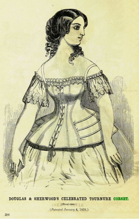 "DOUGLAS & SHERWOOD'S CELEBRATED TOURNURE CORSET. (Front view)." Godey's Lady's Book, 1 Apr. 1859, p. 296. American Historical Periodicals,