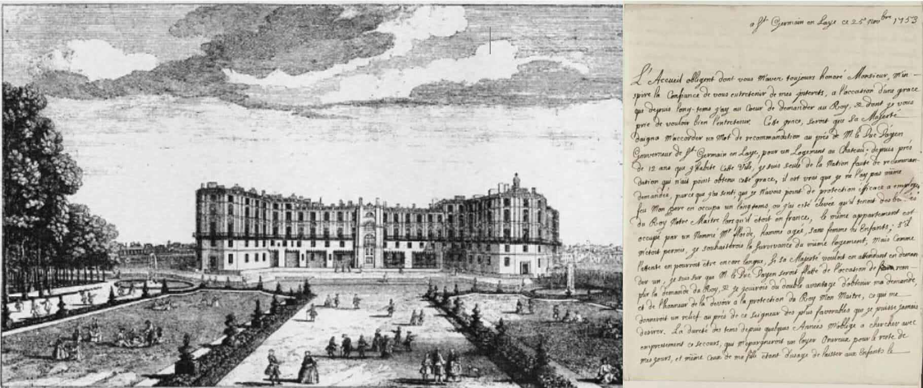 Jacques Rigaud, Vue du Vieux Chateau de St Germain en Laye, engraving, 1725, and letter from Marie Ramsay to James Edgar