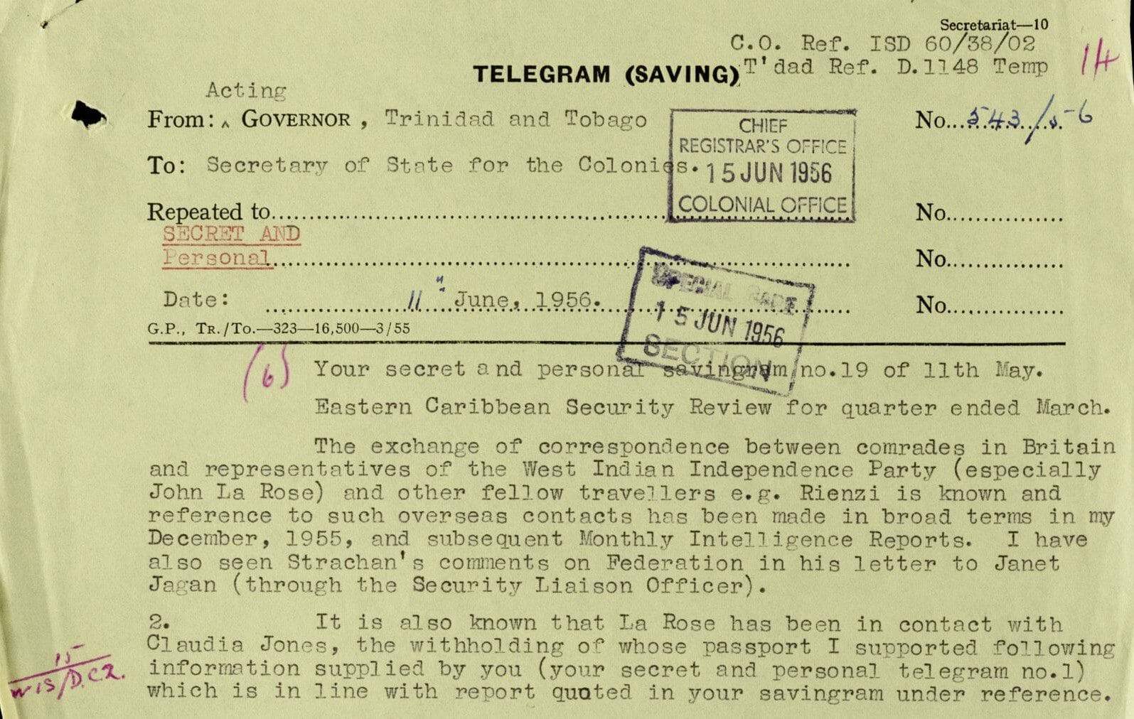 Scan of a Telegraph. Security Liaison Officer, Trinidad: security reviews of Eastern Caribbean and British Guiana. (January 1, 1955-December 31, 1956). CO 1035/16. The National Archives (Kew, United Kingdom).