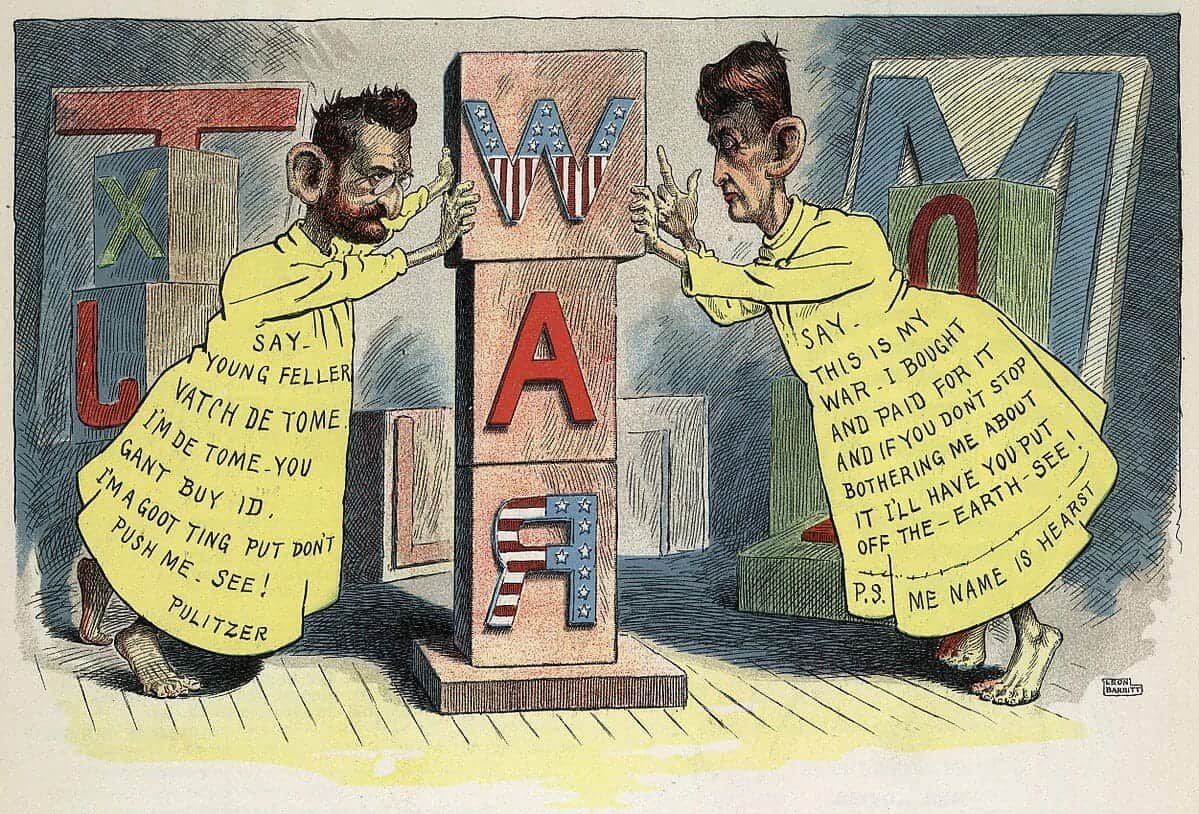 Editorial cartoon by Leon Barritt, 1898. Newspaper publishers Joseph Pulitzer and William Randolph Hearst dressed as the Yellow Kid (a popular cartoon character of the day), each pushing against opposite sides of a pillar of wooden blocks that spells WAR