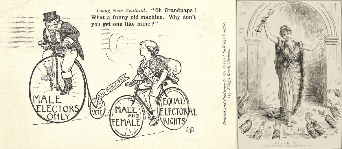 Images from historic journal - NEW ZEALAND MALE AND FEMALE EQUAL ELECTORAL RIGHTS" "MALE ELECTORS ONLY" "VOTE" "WOMEN'S MUNICIPAL"