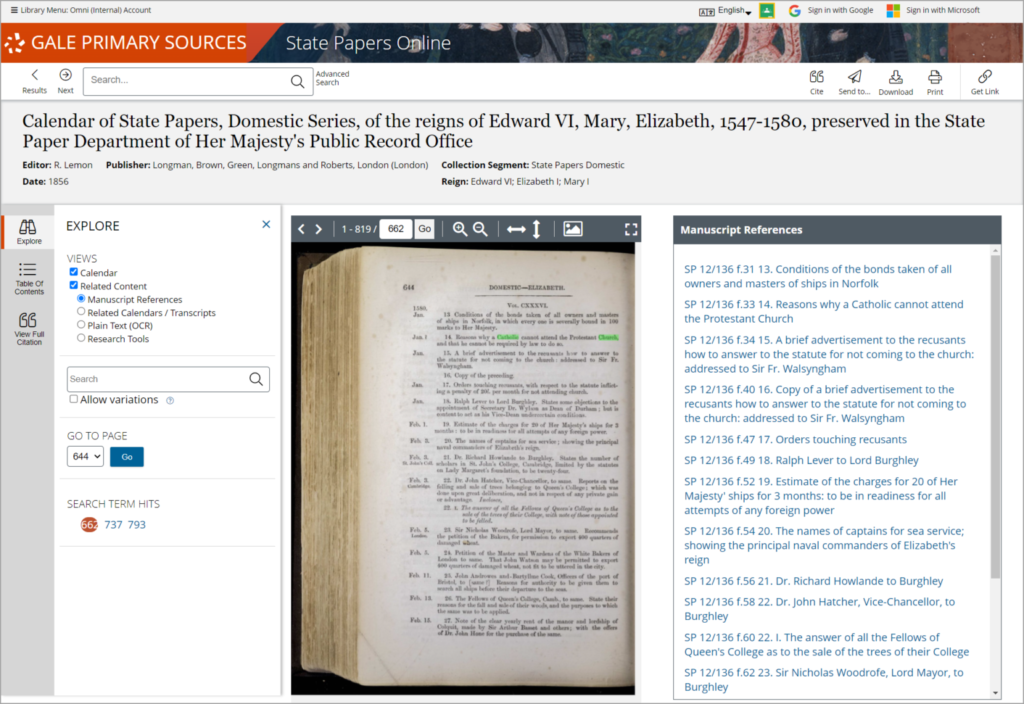 State Papers Online screenshot of a newly digitised calendar facsimile